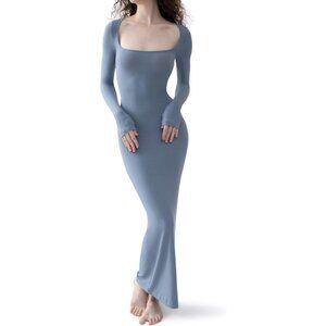 Women's Square Neck Long Sleeve Maxi Dress Ribbed Bodycon Dresses